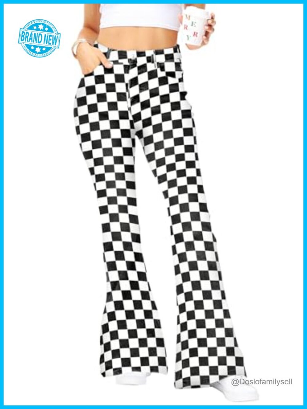 Womens High Waisted Plaid Bell Bottom Jeans Stretch Flare Denim Pant